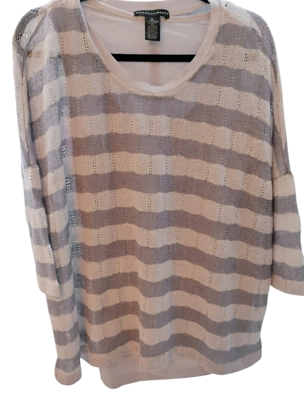 Grace Elements Cream & Gray Striped Open-Knit Scoop Neck Sweater W Sequins SZ L